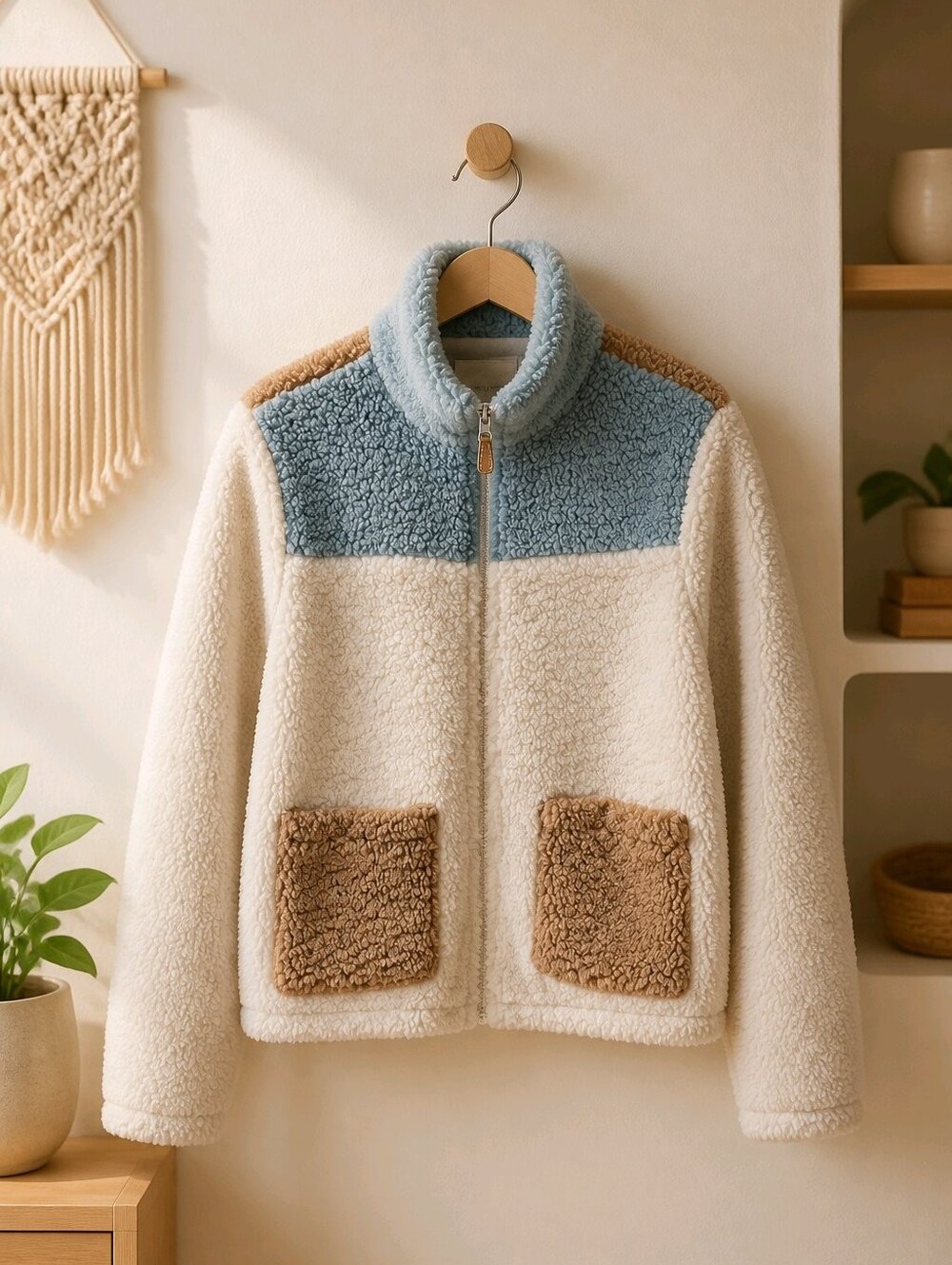 Thread & Supply Teddy Sherpa Zip Jacket in Cream, Blue & Tan Sz Small